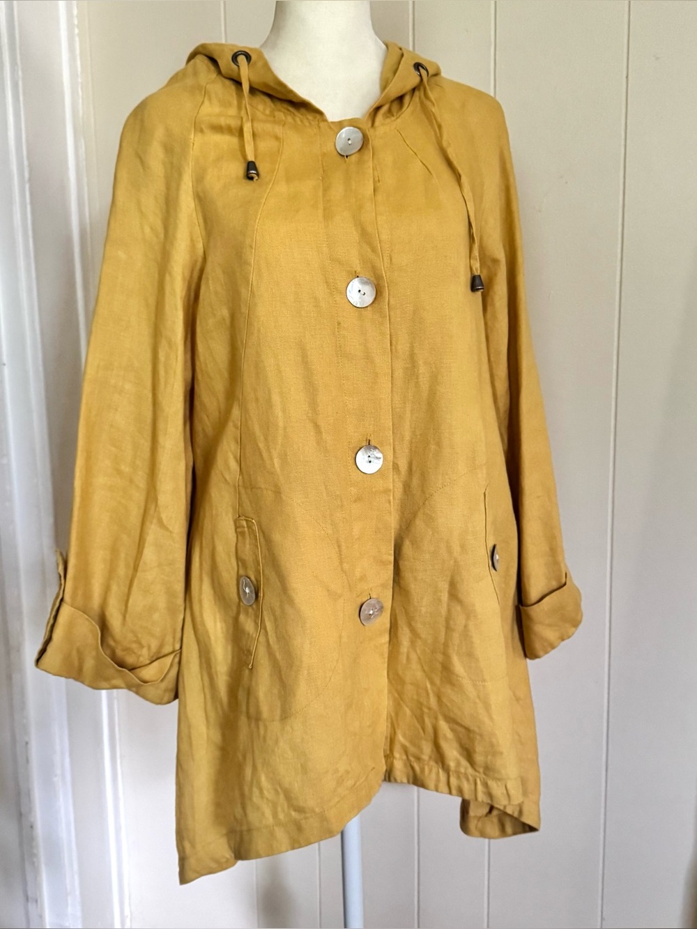 Sigrid Olsen Mustard Yellow Hooded Button Women's Linen Swing Jacket Pockets S